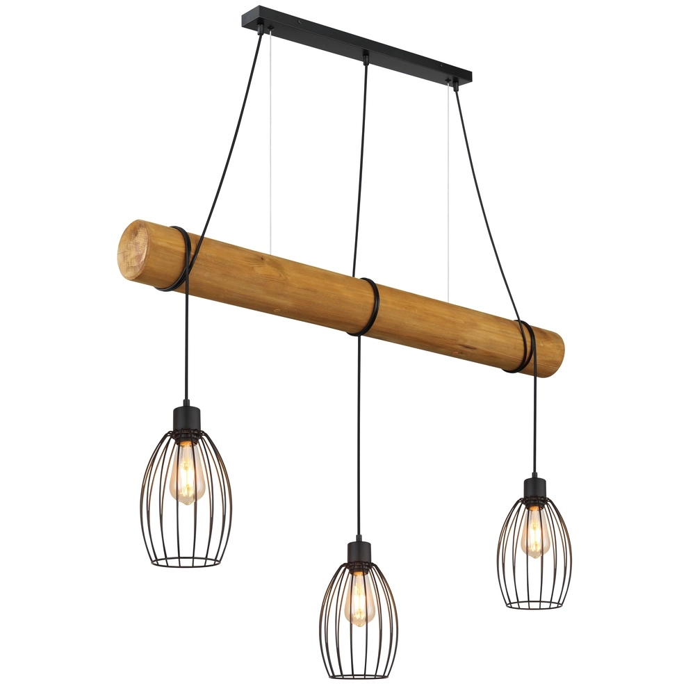 Land-Pendellampe Berti 3-Licht Holz mit Schwarz