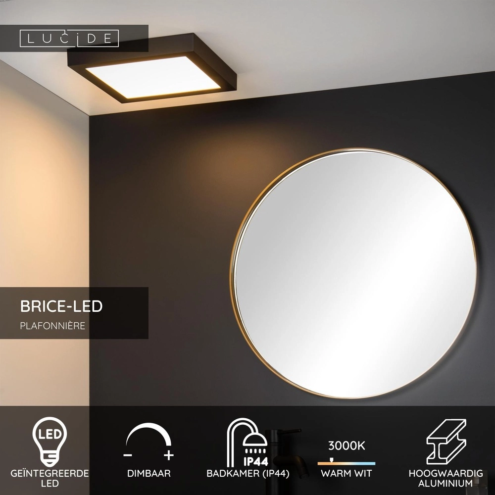 Deckenlicht Brice-Led 30 cm quadratisches IP44-Schwarz Lucide 5411212281272