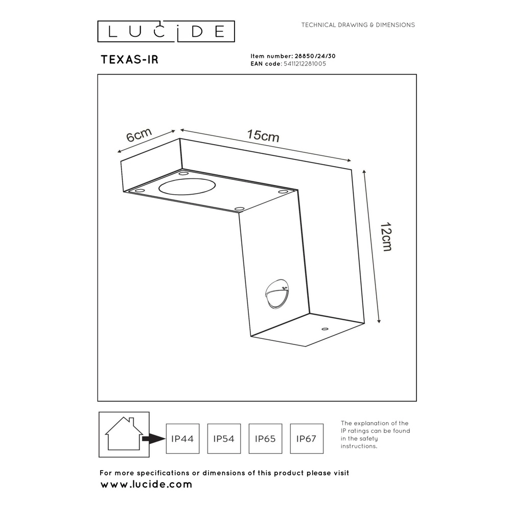 Wandlampe Texas-Ir Anthrazit mit Sensor Lucide 5411212281005