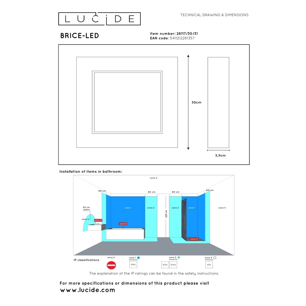 Deckenlicht Brice-Led 30 cm quadratisches IP44-Weiß Lucide 5411212281357