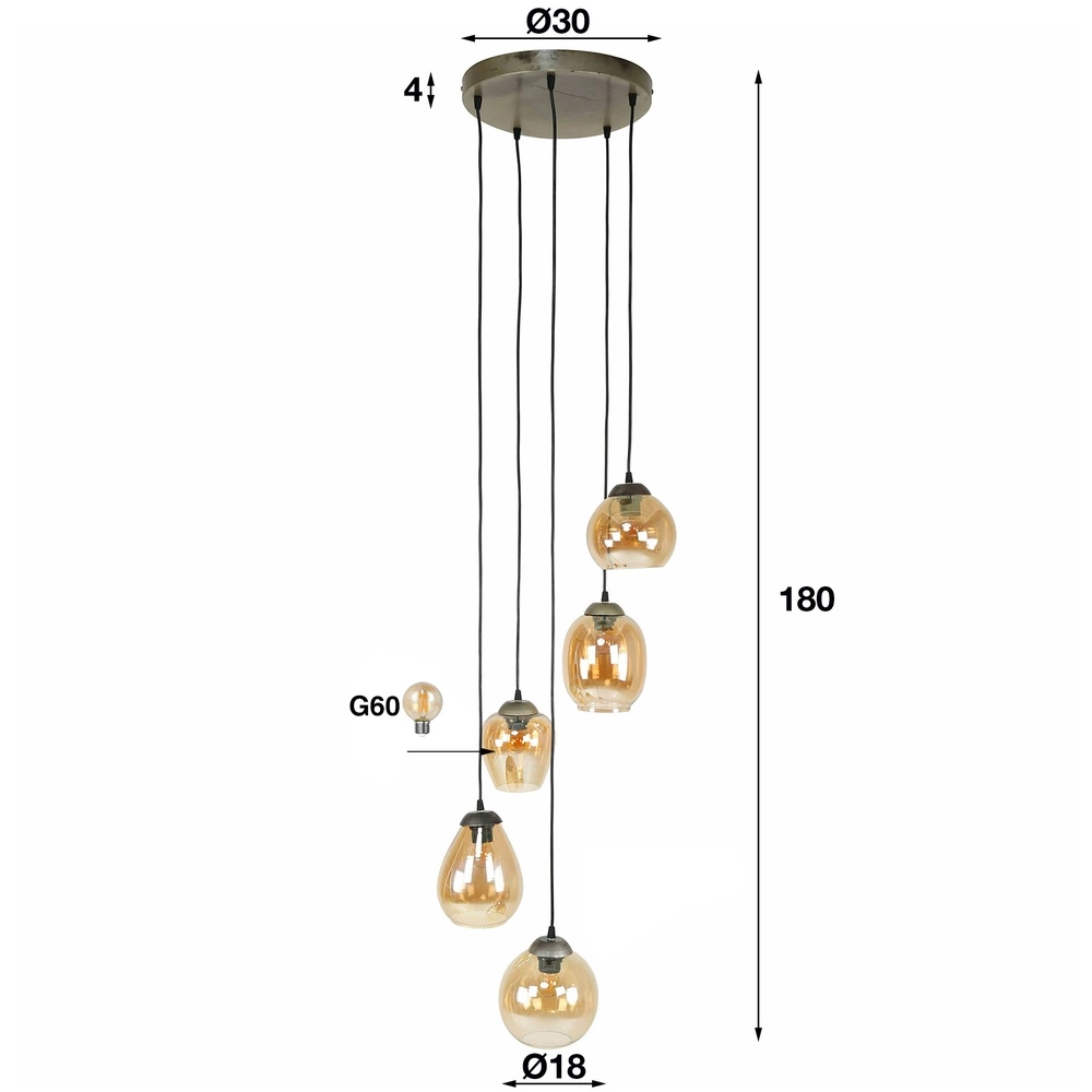 Esstisch-Pendellampe Mix 5x E27 - Ø 43cm - bernsteinfarbenes Glas Lyora 8716803512283
