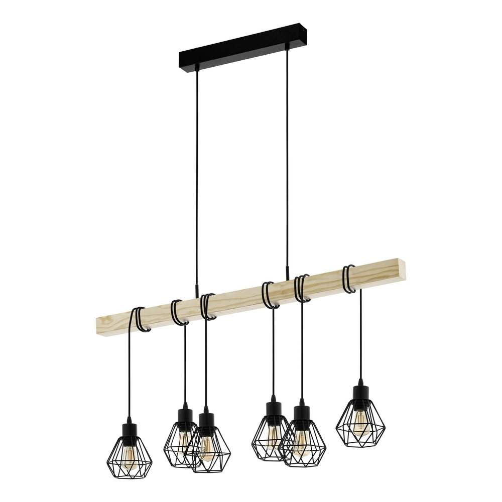6-Licht Pendellampe Townshend 5 Speisesaal – schwarz mit Holz