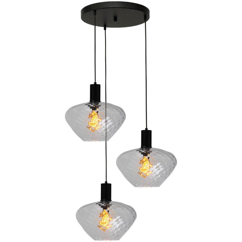 3-flammige Loft-Hängelampe - Schwarz - Porto mit klaren Blossom-Gläsern