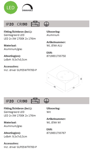 LED Wandscheinwerfer Jena 2x3W - 2700K weiß Artdelight 8719831733767