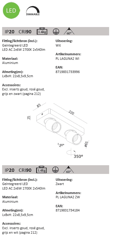 Doppelter LED-Strahler Laguna 2-flammig schwarz Artdelight 8719831734184