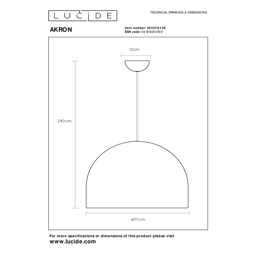Moderne graue Beton-Pendellampe Akron Ø 50cm - 1x E27 Premium by Lucide 5411212202109